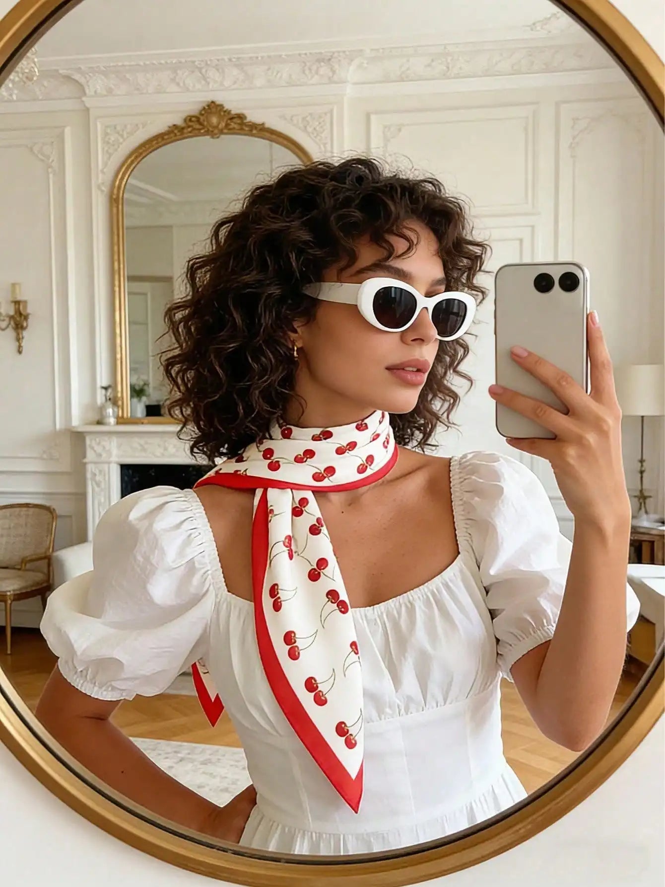 Women Cherry Print Square Scarf Bandana  Fashion Head Wrap, Hair Scarf, Neckerchief, Lightweight Silk Touch Accessory for Women