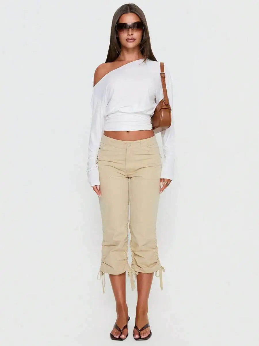 Women Y2K Retro Streetwear Capri Pants Drawstring Cuff Solid Color Slim Fit Cropped Cargo Trousers