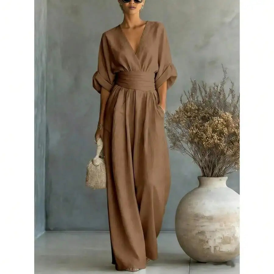 Elegant V-Neck Wide Leg Jumpsuit High Waist Ruched Office Wear