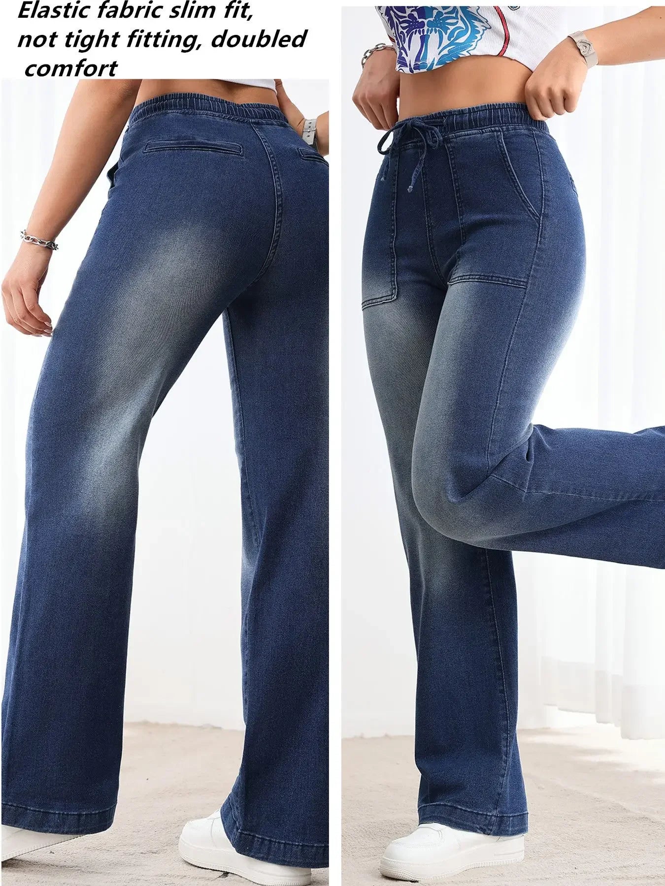 Women Baggy Jeans Elastic Waist Retro Loose Fit Denim Pants