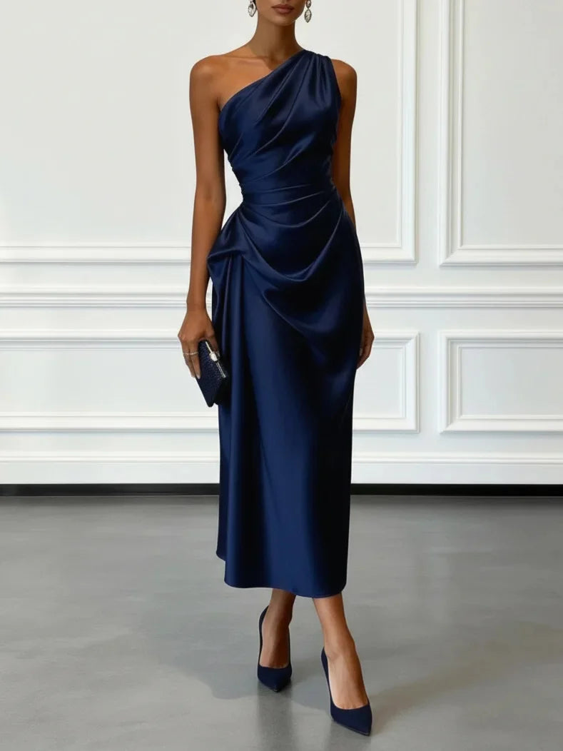 One Shoulder Satin Midi Dress With Ruched Waist Elegant Sleeveless Party Gown