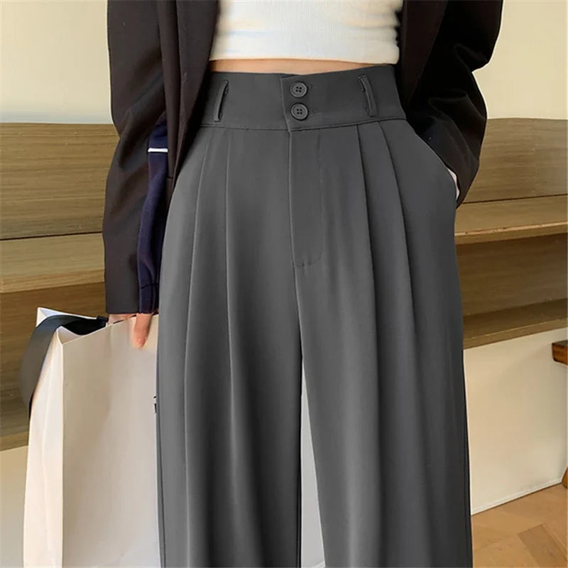 Spring Summer White High Waist Suit Wide Leg Women's Pants Female 2026 New Buttons Elegant Minimalism Straight Loose Trousers