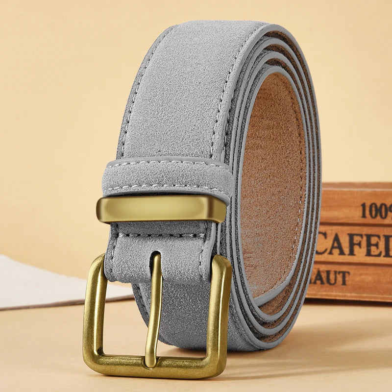 Luxury Suede Cowhide Leather Belt with Gold Buckle, 3.5cm Wide Waistband