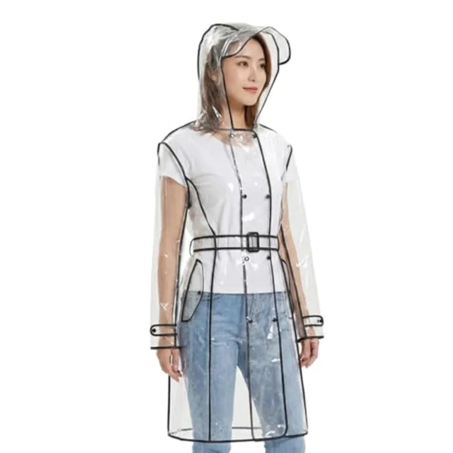 Waterproof Portable Raincoat, Rain Coats for Women Clear Reusable Rain Resistant Poncho with Hoods and Belt for Rain Jacket Out