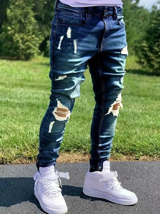 Men Distressed Fashion Jeans - Street Style, Comfortable Stretch Denim with Ripped Detail