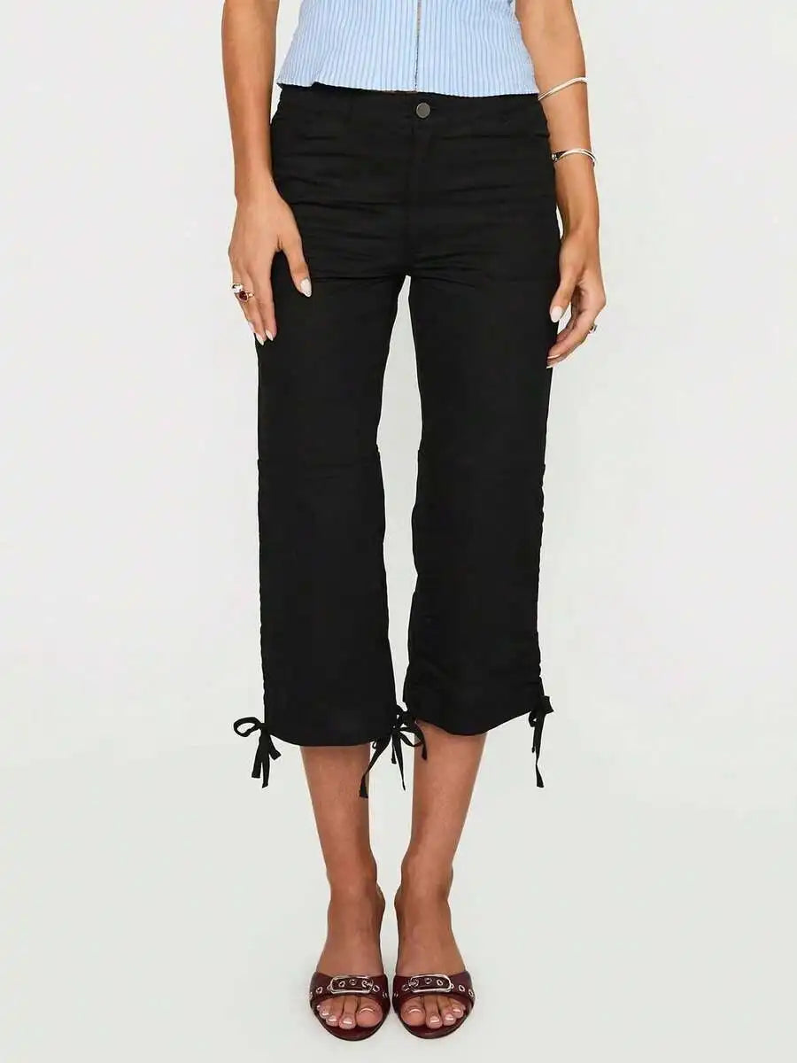 Women Y2K Retro Streetwear Capri Pants Drawstring Cuff Solid Color Slim Fit Cropped Cargo Trousers