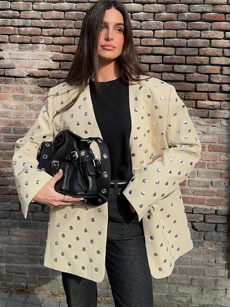 SLTNX Women's Rivet Decoration Casual Blazer Long Sleeve V Neck Beige Spring Fall Coat