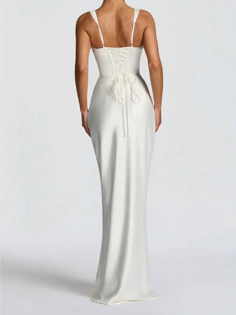 Elegant Satin Cinching Waist Slip Dress Long Gown For Prom Cocktail Formal Event