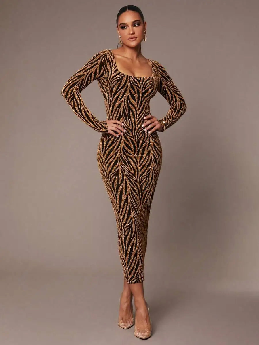 Elegant Glitter Long Sleeve Square Neck Slim Fit Party Dress For Women