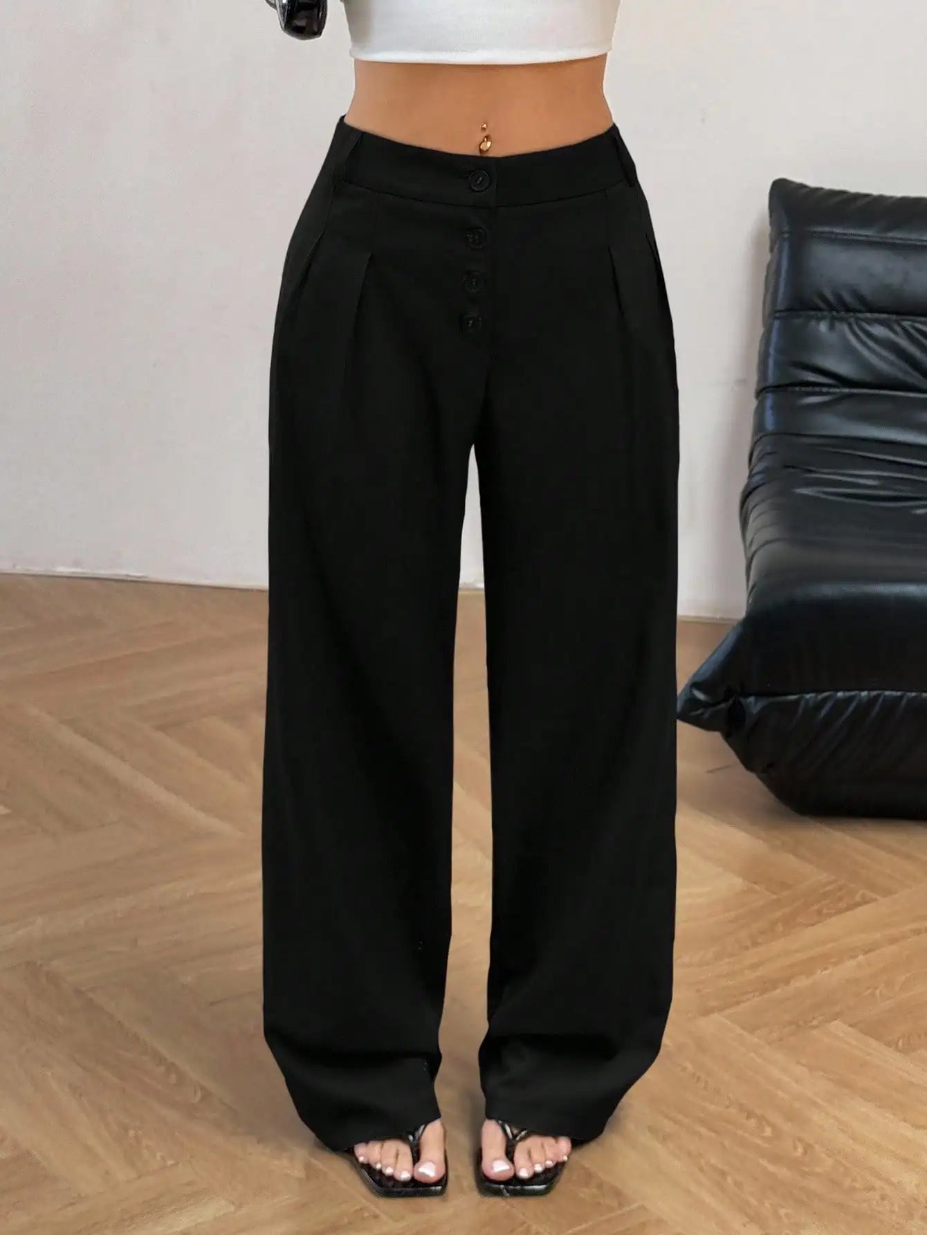 Women Solid Button Front Pleated Wide Leg Loose Casual Pants For Work Commute