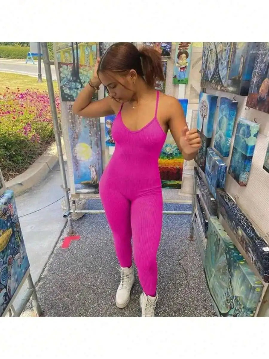Sleeveless Backless Slim Fit Jumpsuit For Women Solid Color Sporty Workout Bodysuit