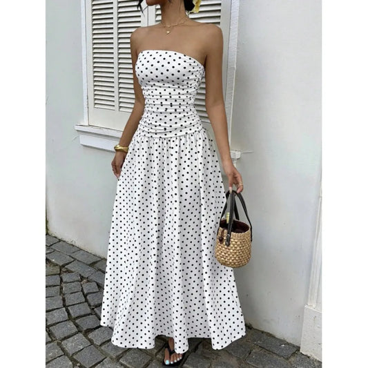 2026 - European and American spring and autumn   vacation style temperament slimming polka dot tube top jumpsuit cake skirt lon
