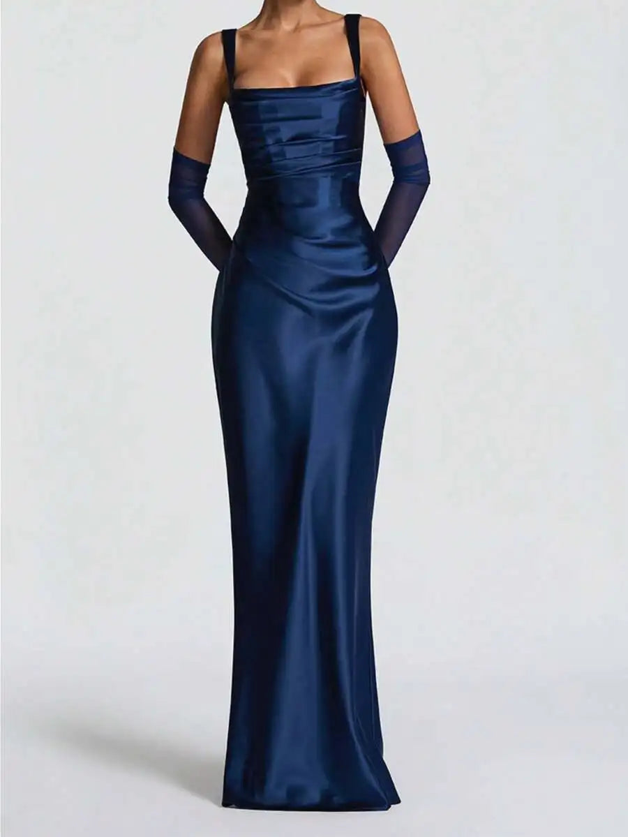 Elegant Satin Cinching Waist Slip Dress Long Gown For Prom Cocktail Formal Event