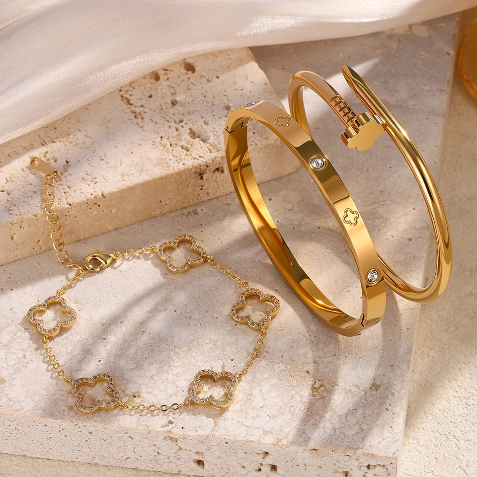 Stainless Steel Gold Plated Four-Leaf Flower Nails Stacked Bracelet Bangles Shiny Zircon Couple Jewelry Gift