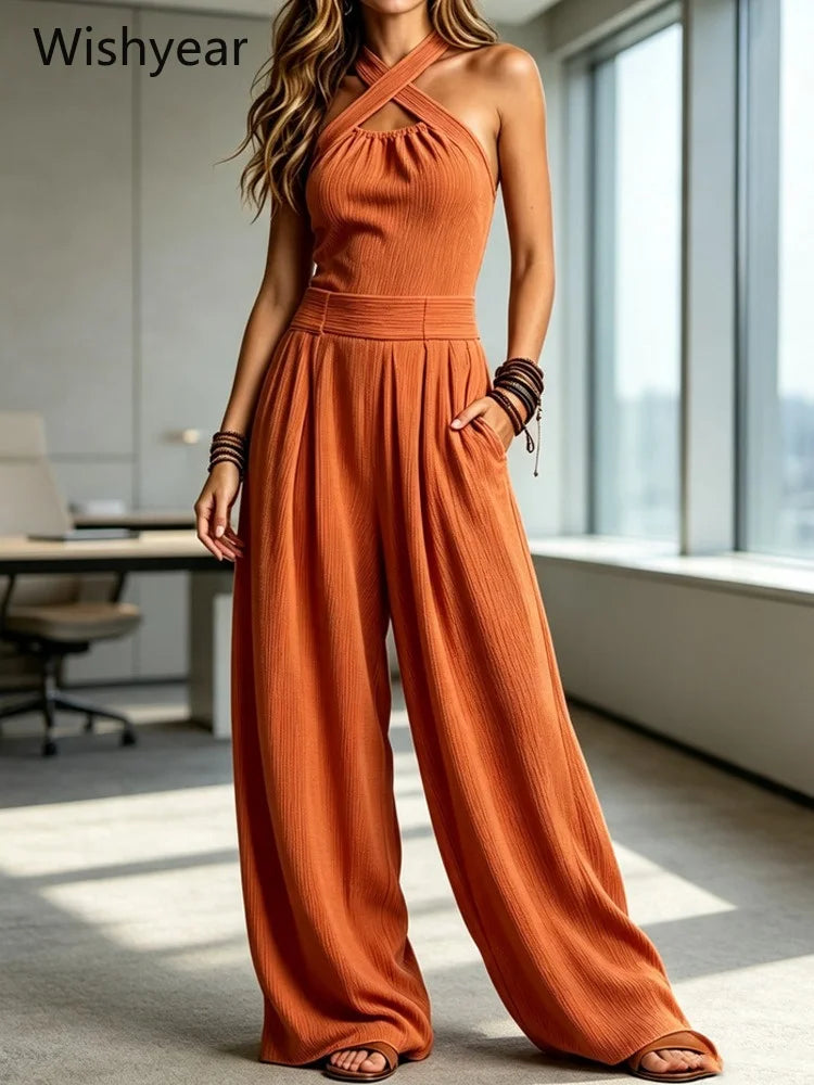 Elegant One Pieces Women Orange Crisscross Halter Jumpsuit Sleeveless Wide Leg Long Pants Rompers for Daily Vacation Streetwear