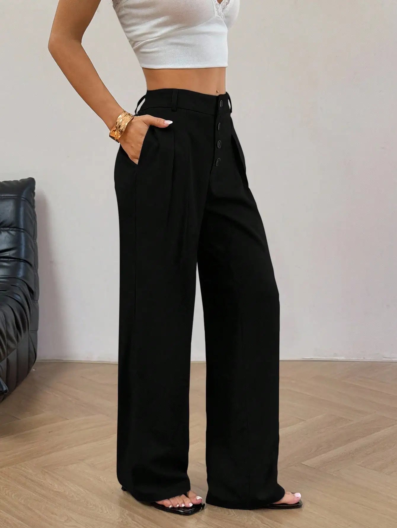 Women Solid Button Front Pleated Wide Leg Loose Casual Pants For Work Commute