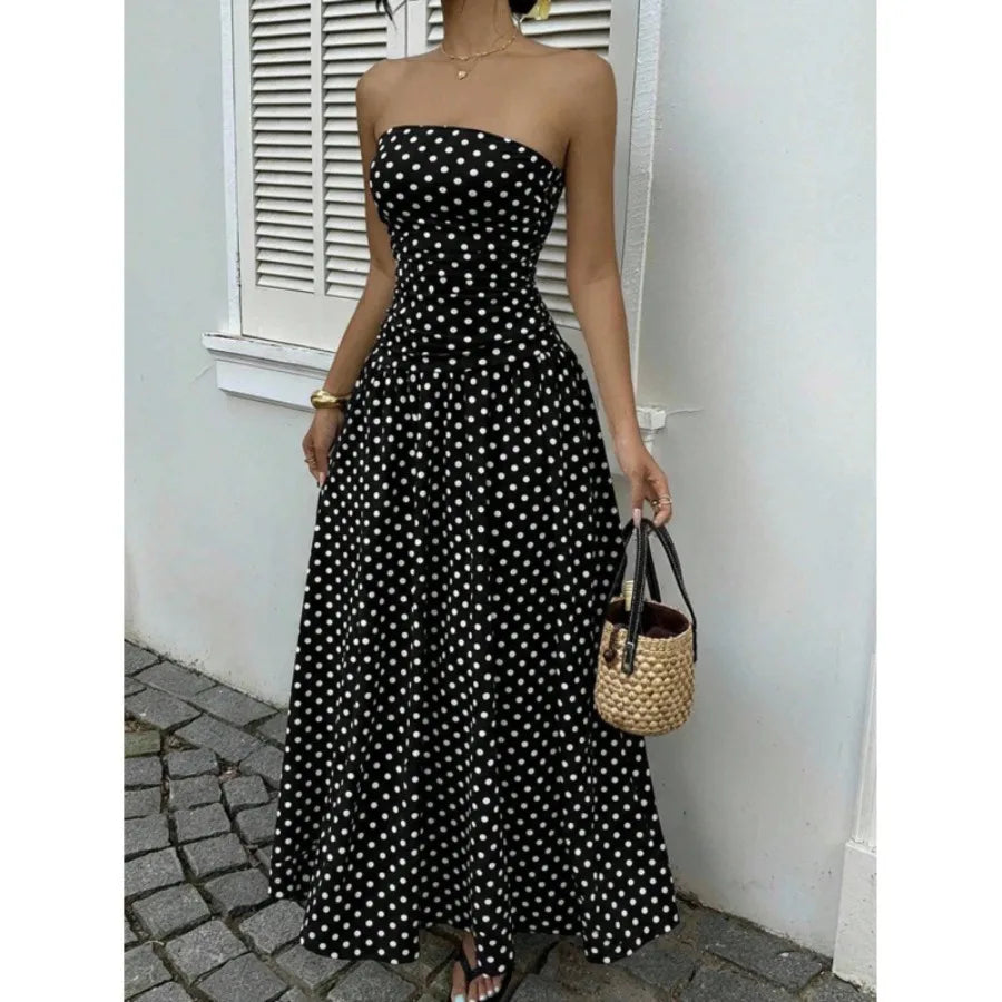 2026 - European and American spring and autumn   vacation style temperament slimming polka dot tube top jumpsuit cake skirt lon