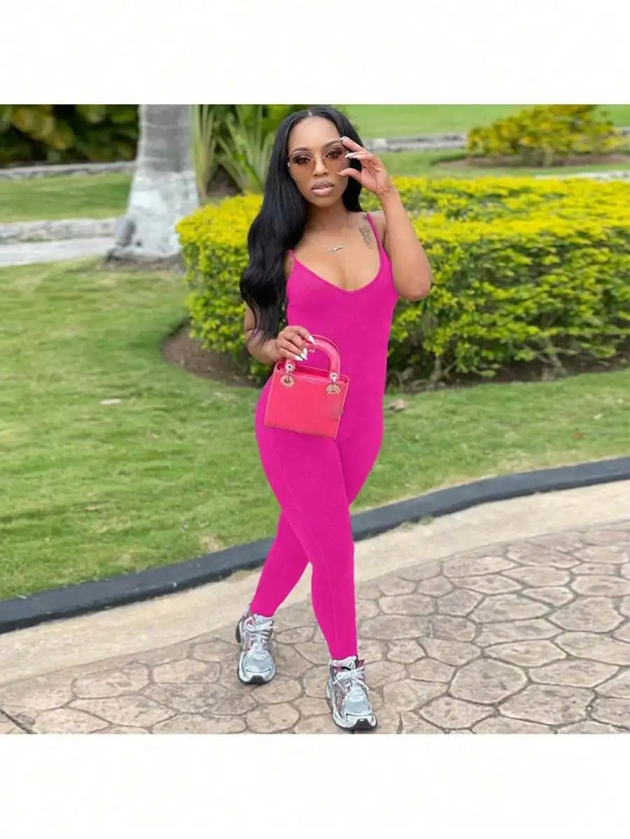 Sleeveless Backless Slim Fit Jumpsuit For Women Solid Color Sporty Workout Bodysuit