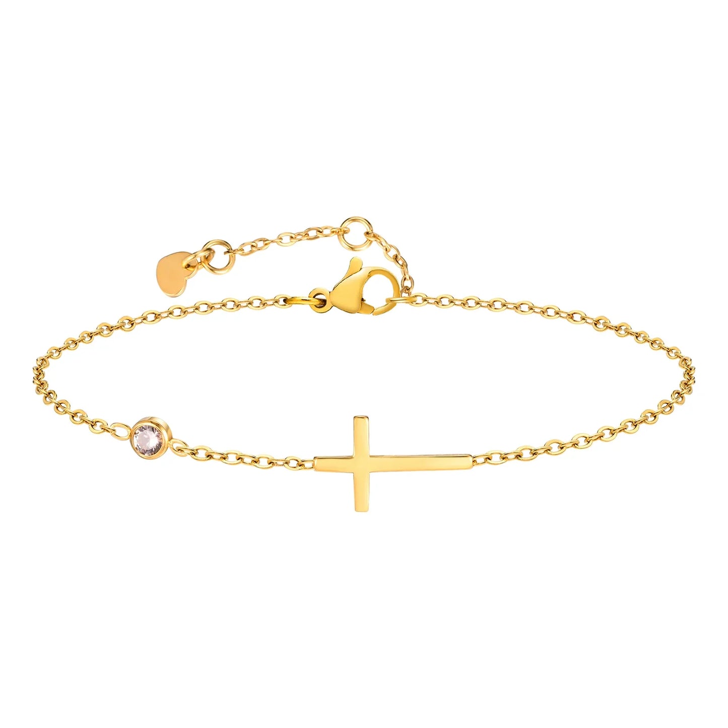 Birthstone Zirconia Thin Chain Link Cross Bracelet