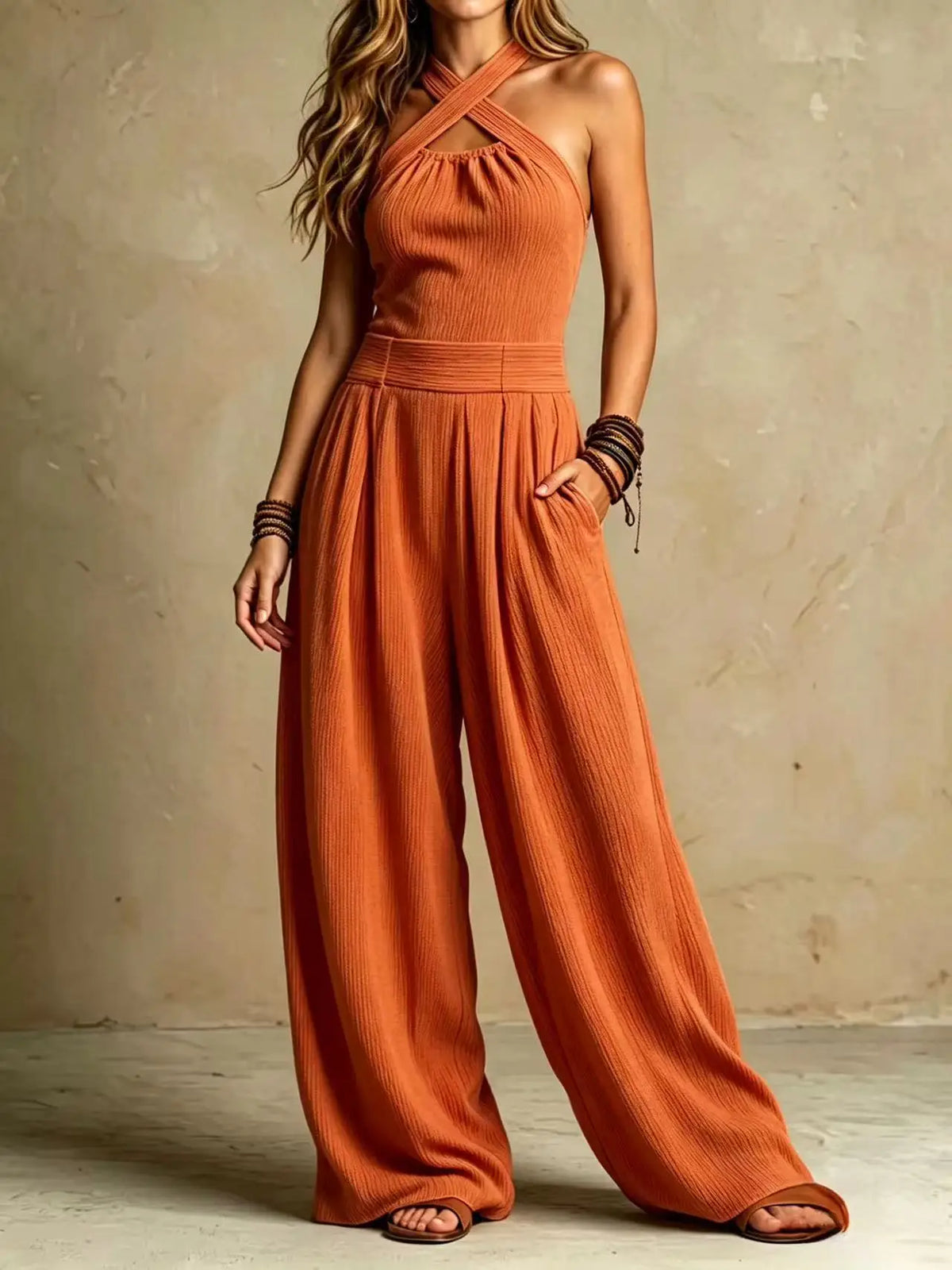 Elegant One Pieces Women Orange Crisscross Halter Jumpsuit Sleeveless Wide Leg Long Pants Rompers for Daily Vacation Streetwear