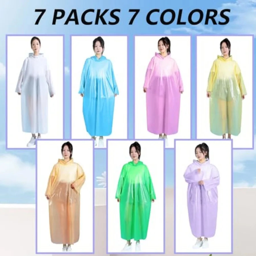 Disposable Rain Poncho Emergency Ponchos Rain Coat for Adults Women Men Compact Size 7 Packs 7 Color with Hood