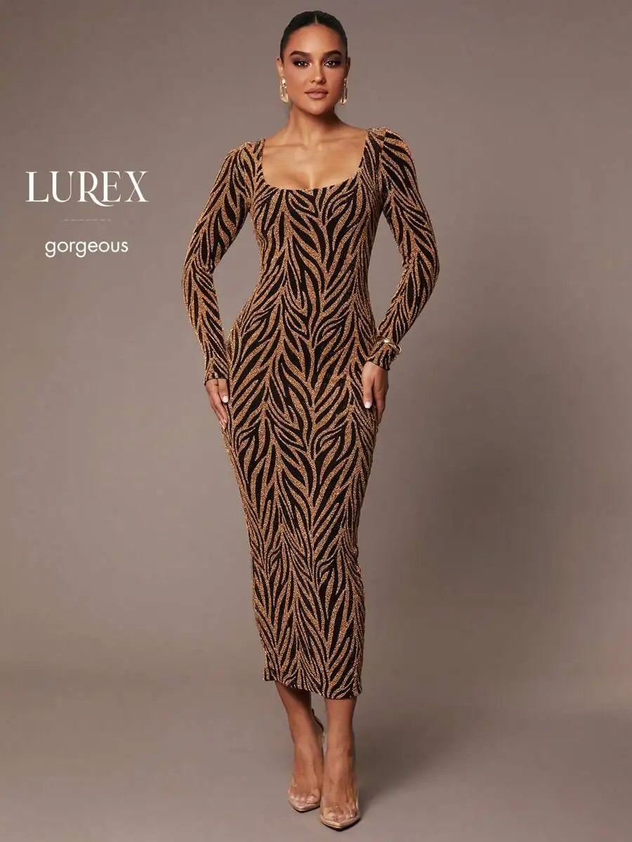 Elegant Glitter Long Sleeve Square Neck Slim Fit Party Dress For Women