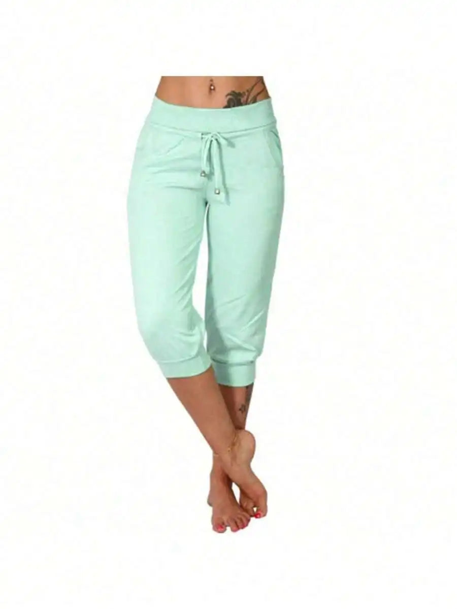 High Waist Loose Drawstring Capri Pants Women Cotton Linen Knee Length Casual Summer Pants