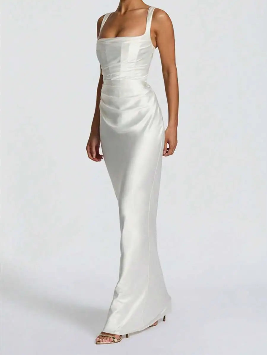 Elegant Satin Cinching Waist Slip Dress Long Gown For Prom Cocktail Formal Event