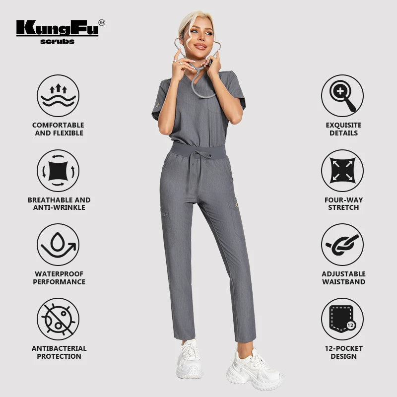 KUNGFU SCRUBS Women Nurse Scrubs Medical Uniform Top Antibacterial Soft Wrinkle-resistant Waterproof T-shirt Pencil Pants