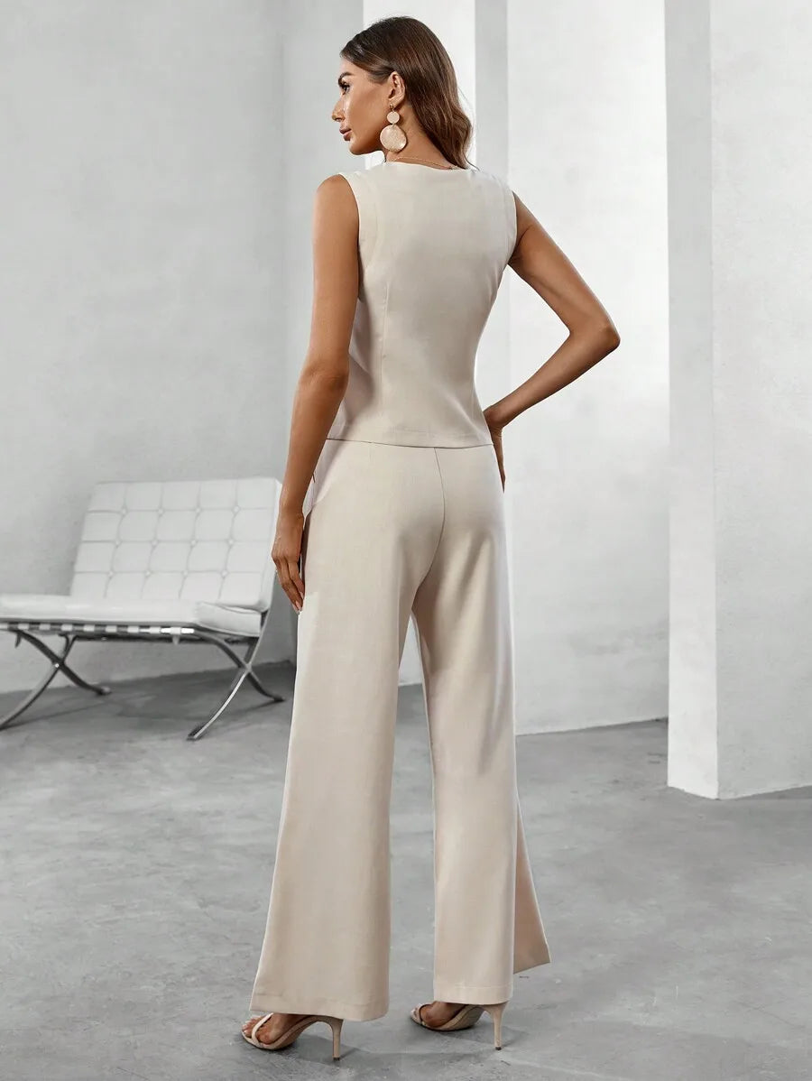 Solid Wrap Vest Blazer And Wide Leg Pants Set For Women