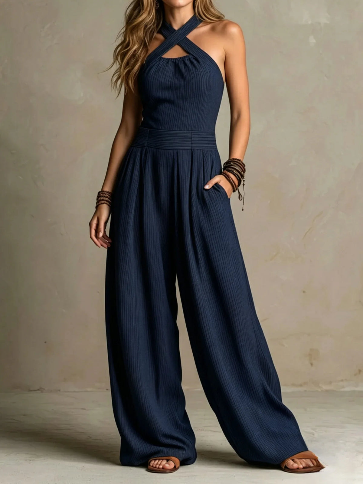 Elegant One Pieces Women Orange Crisscross Halter Jumpsuit Sleeveless Wide Leg Long Pants Rompers for Daily Vacation Streetwear