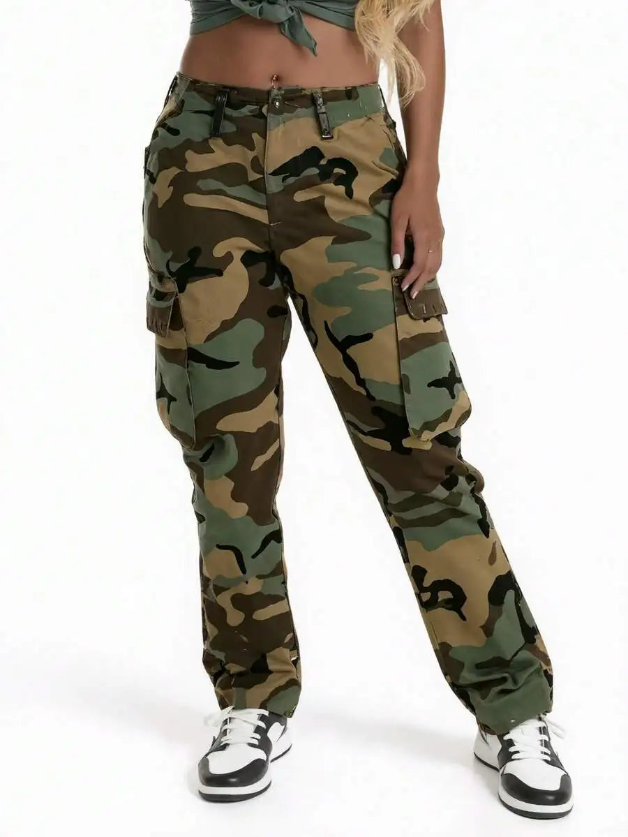 Womens High-Waist Camo Print Cargo Pants Stretchy Casual Jogger Pants With Pockets