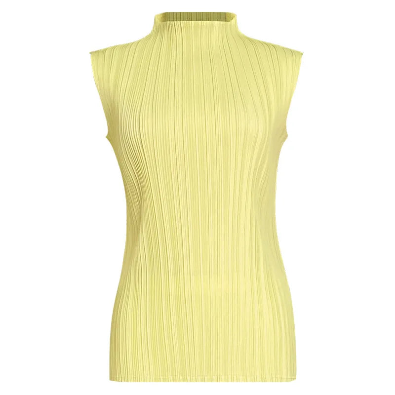 Miyake Pleated Elegant Fashion Temperament Solid Color Half High Neck Sleeveless Women's Vest 2026 Summer New Breathable Top