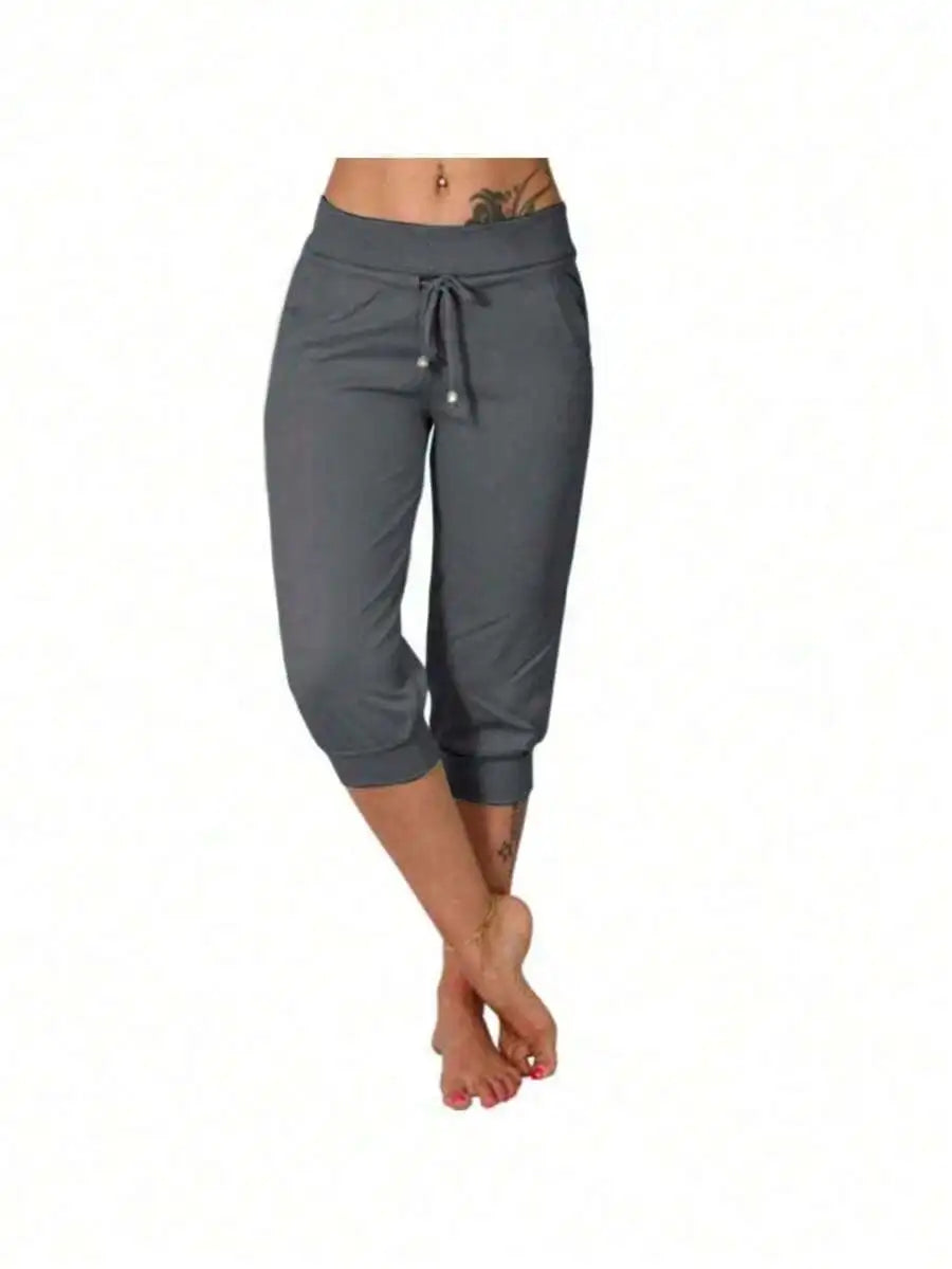 High Waist Loose Drawstring Capri Pants Women Cotton Linen Knee Length Casual Summer Pants