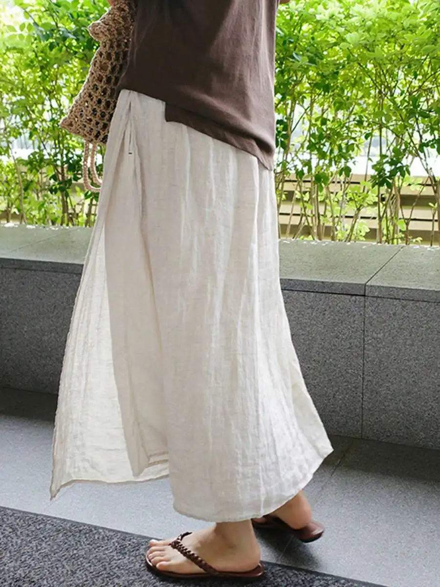 Womens Loose Linen Wide Leg Capri Pants With Pockets Casual Culottes
