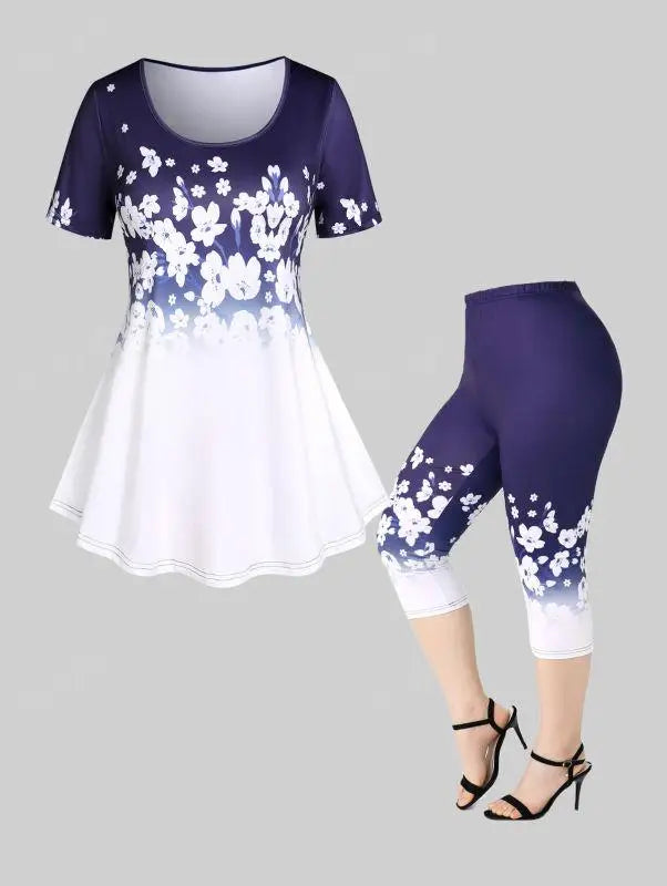 Plus Size 3D Print Tee and Capri Leggings Matching Set for Women Butterfly Floral Pattern Outfits OverSize Graphic Cloth