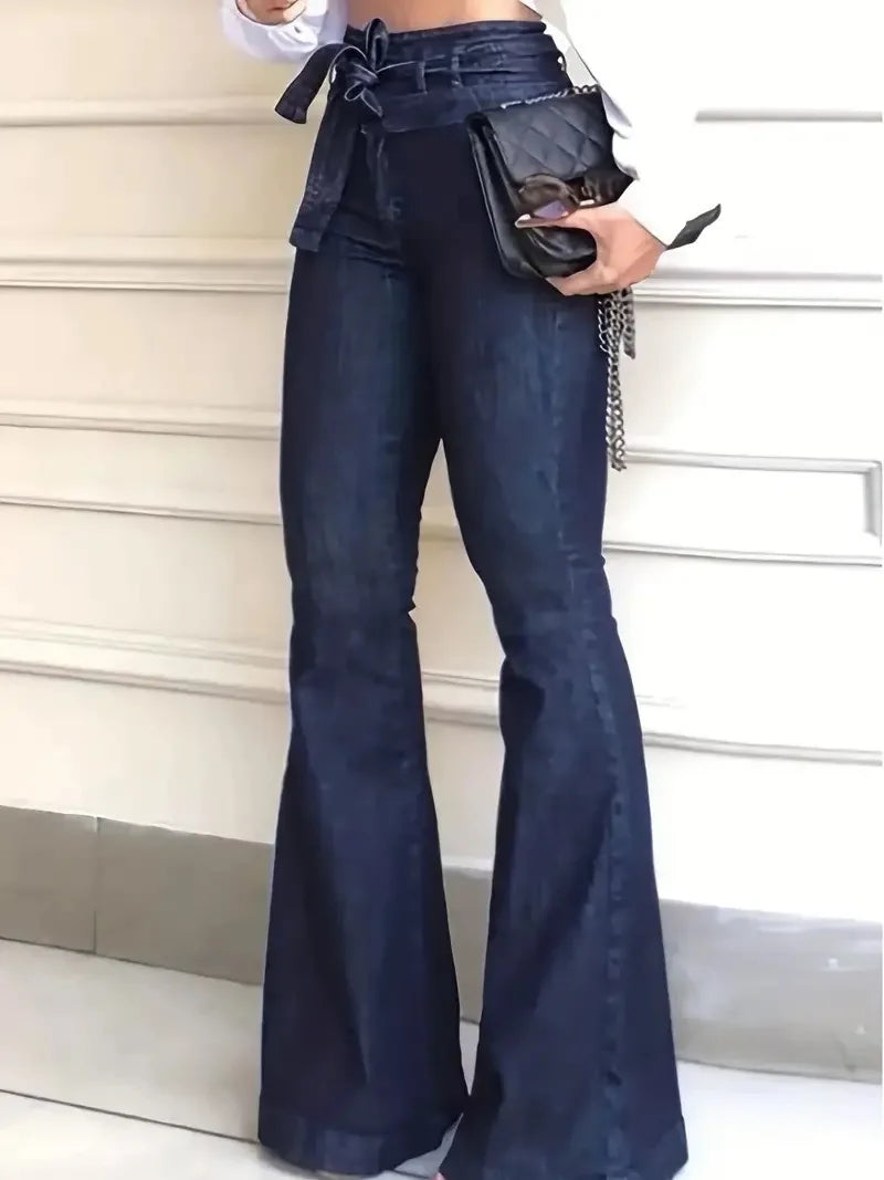 Ladies Deep Blue High Waist Bell Bottom Jeans