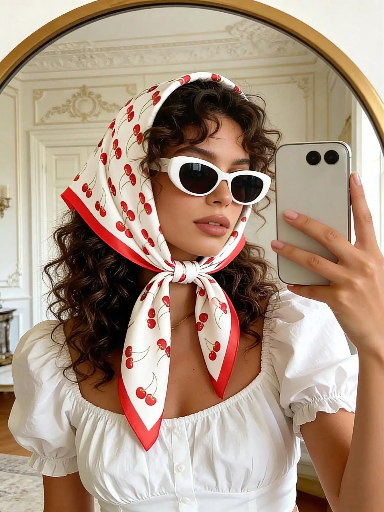 Women Cherry Print Square Scarf Bandana  Fashion Head Wrap, Hair Scarf, Neckerchief, Lightweight Silk Touch Accessory for Women
