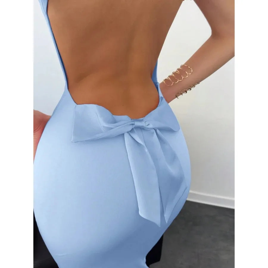 【New style】Aloruh Pink Backless Bow Decor Super Long Women Dress, Pastel Dresses For Women